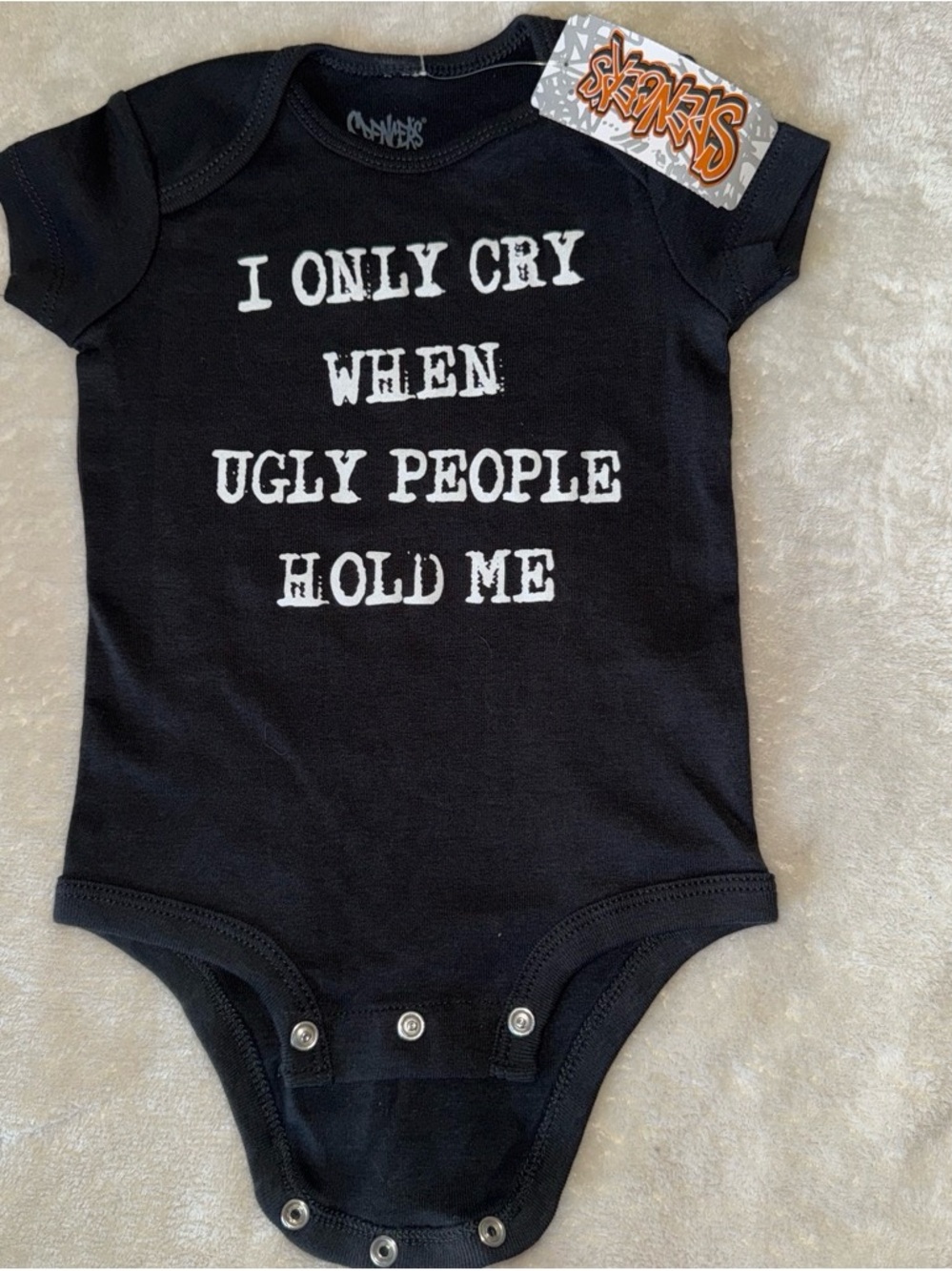 Spencer's Black Baby One-Piece Bodysuit with White Slogan Text